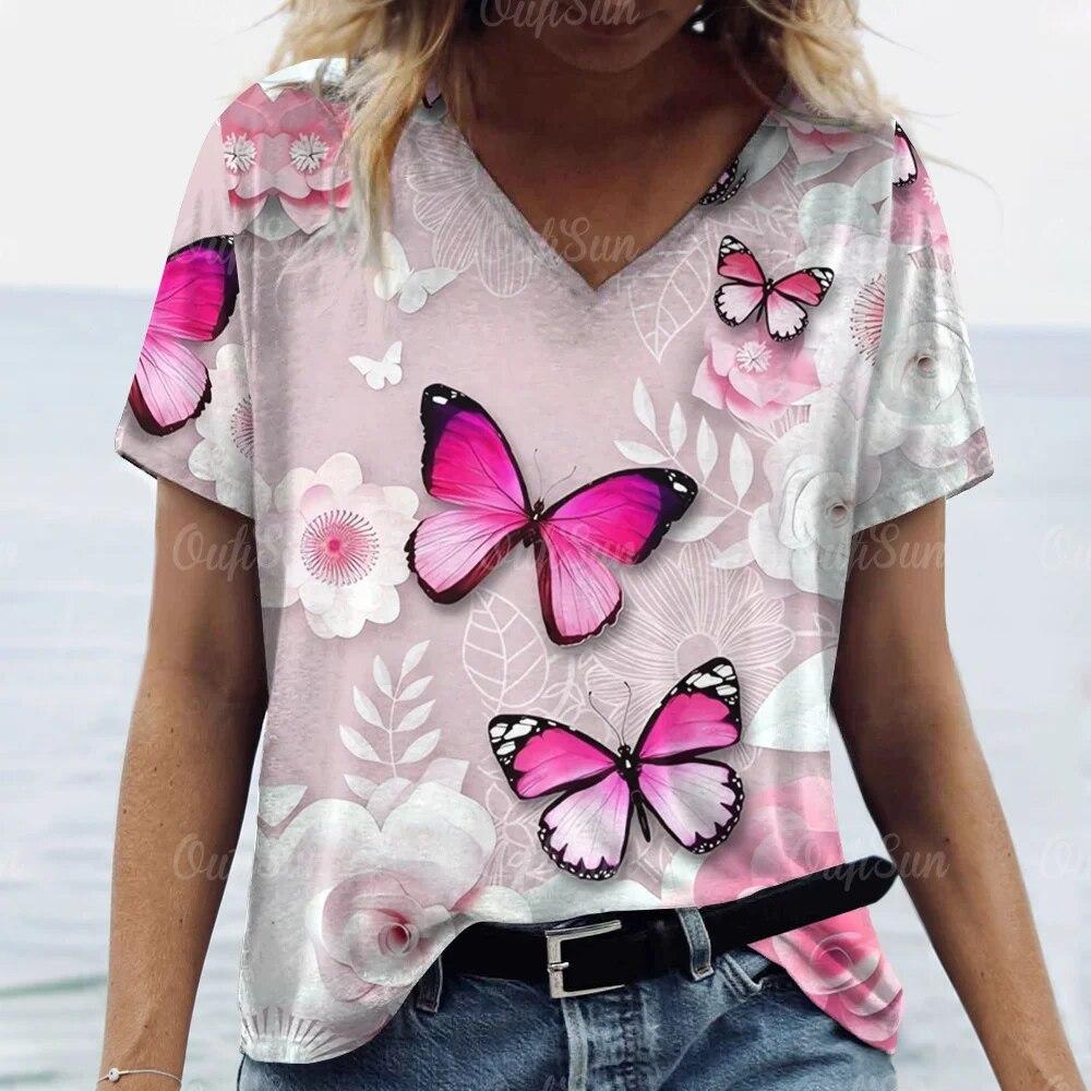 Топ женская футболка летняя мода с цветочным принтом бабочки футболки с короткими рукавами футболка с v-образным вырезом для женской одежды больших размеров