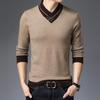 Мужской свитер с V-образным вырезом, приталенный - Толстая вязка для осени/зимы 2025, однотонный, подходит для людей среднего возраста и молодежи