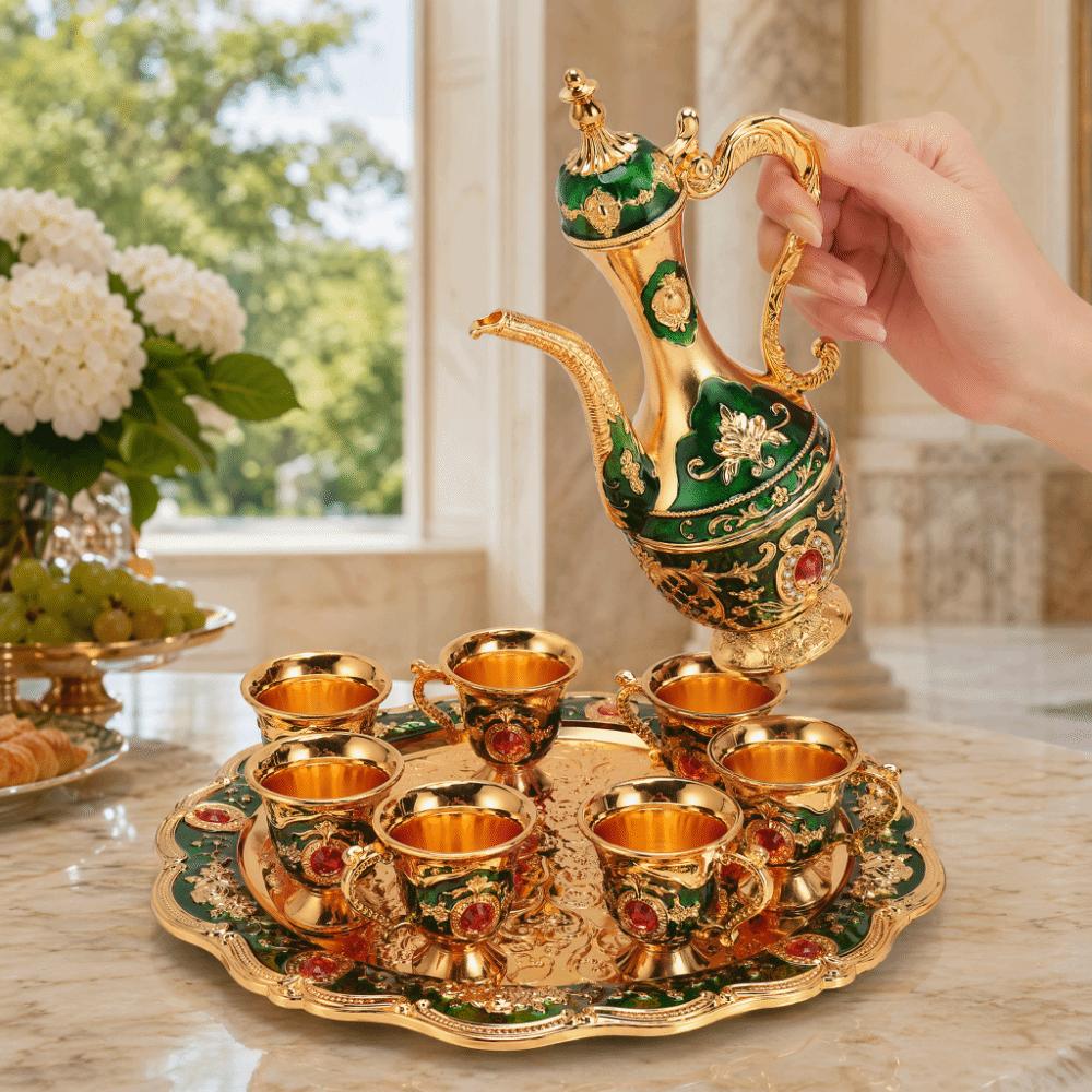 8PCS Zinc Alloy Wine Pot Kit Gold Green Turkish Tea Set Tea Sets Coffee Pot Set Home Party Decor