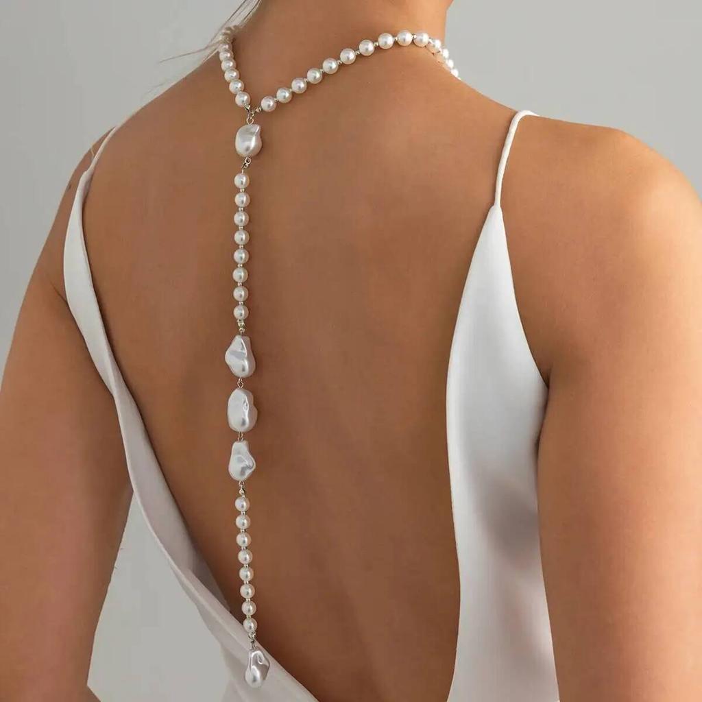 Ingemark Sexy Baroque Imitation Pearl Back Chain Clavicle Choker Women Retro Tassel Necklace Wedding Jewelry Bikini Chest Chain
