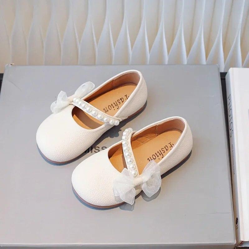 Girl Princess Leather Shoes Chic Versatile Soft Elegant Fashion Lace Bowknot Beading Kid Loafers Wedding Slip-on Mary Janes
