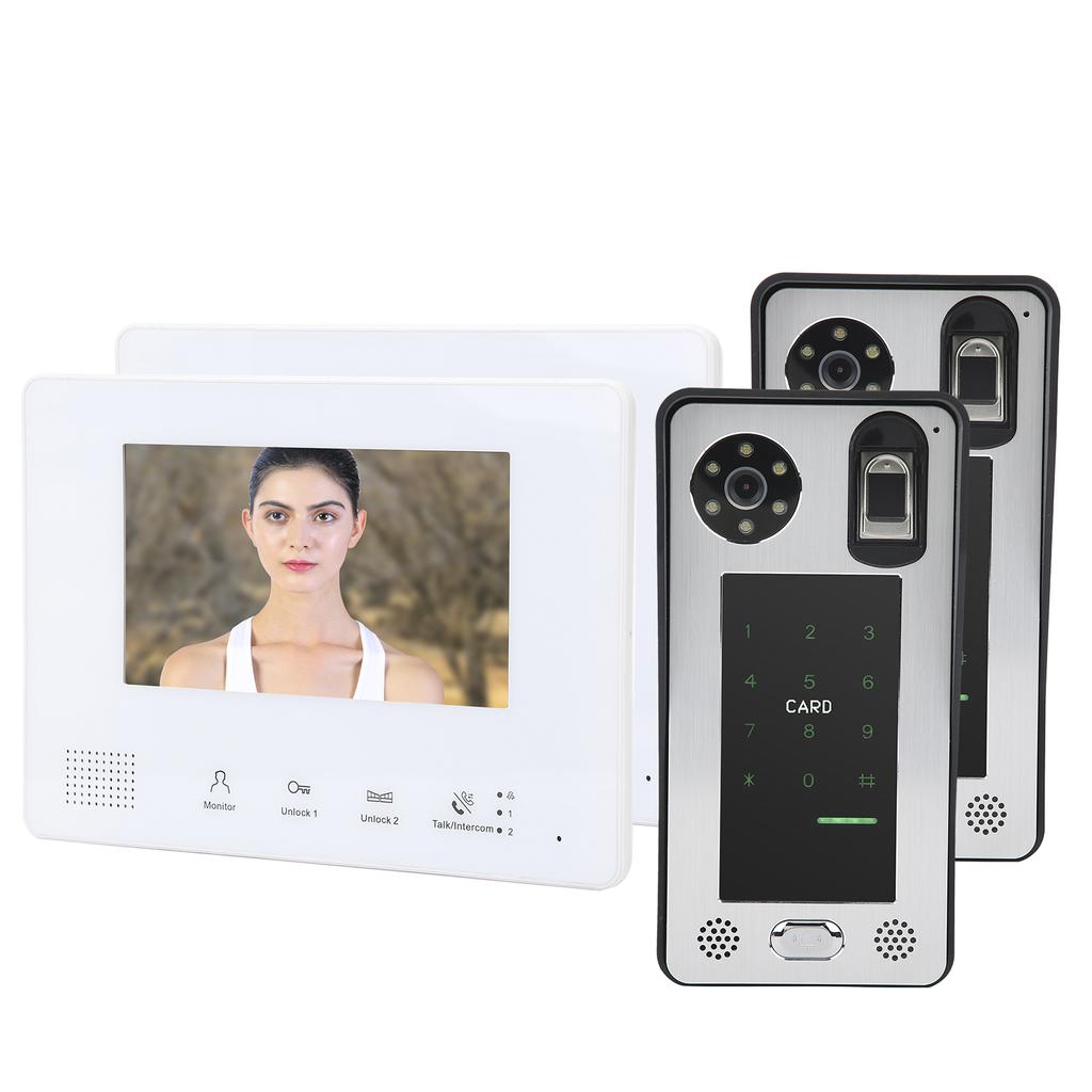 2?Проводной видеодомофон 7 дюймов Двойные мониторы Двойные камеры Отпечаток пальца Пароль IC-карта Разблокировка Ночь