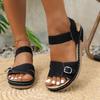 Модные женские босоножки на танкетке с пряжкой, летние однотонные босоножки с толстой подошвой, летние женские туфли с открытым носком и эластичной резинкой