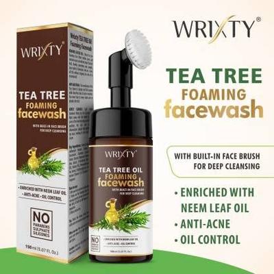 Wrixty Tea - Взбивающее средство для умывания лица с маслом чайного дерева и встроенной щеткой для глубокого очищения | Обогащено маслом листьев нима | Средство для умывания для контроля акне и жирности | Пе