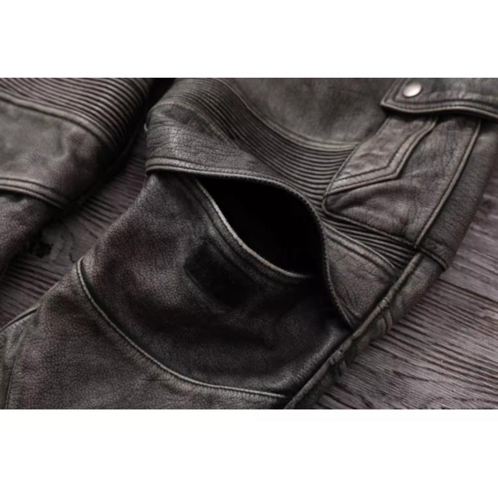 Chinese Size Vintage Gray Genuine Cowhide Leather Pants Men Motorcycle Biker Leather Trousers Autumn Winter Men Leather Pants