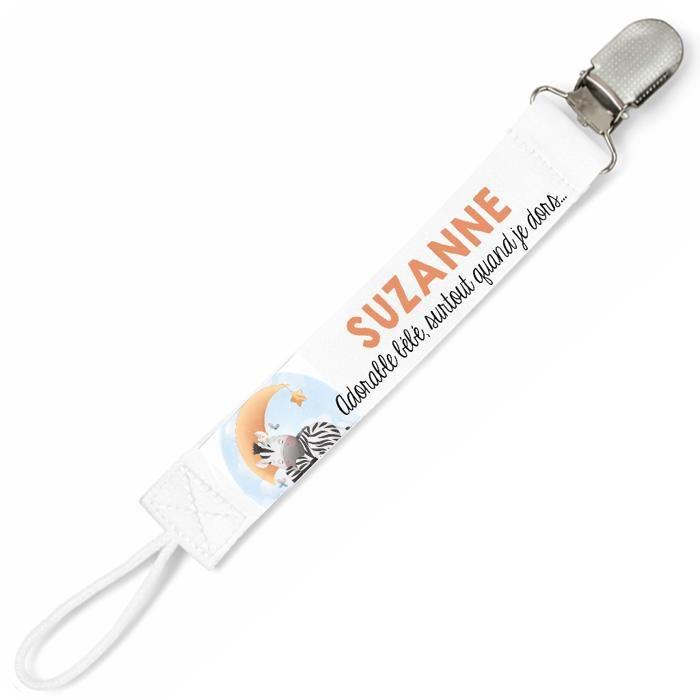 Planetee Attache tétine pour prénom SUZANNE adorable bébé surtout quand je dors Zèbre | Attache sucette cadeau naissance
