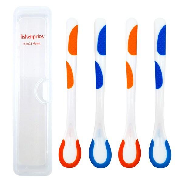 Ложки для детского питания с датчиком температуры Fisher-Price 2 типа x 2р + набор в футляре, оранжевый + синий, ложка 4р + футляр 1р, 1 набор, популярная корейская посуда