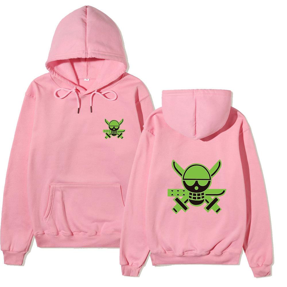 One Piece Roronoa Zoro Hoodie, Front Small Back Large Zoro Skull Logo Print Pullover Sweatshirt Unisex Streetwear
