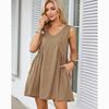 Fashion V-neck Sleeveless Summer Dress Women Loose Pleated Casual Party Short Dress Office Lady Solid Vintage Elegant Sexy Dresses 1043
