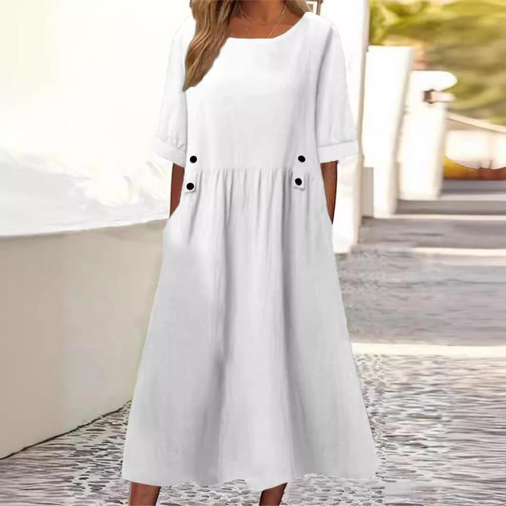 Loose Fit Dress Midi Dress with Pocket A-line Silhouette O Neckline Short Sleeves Dress