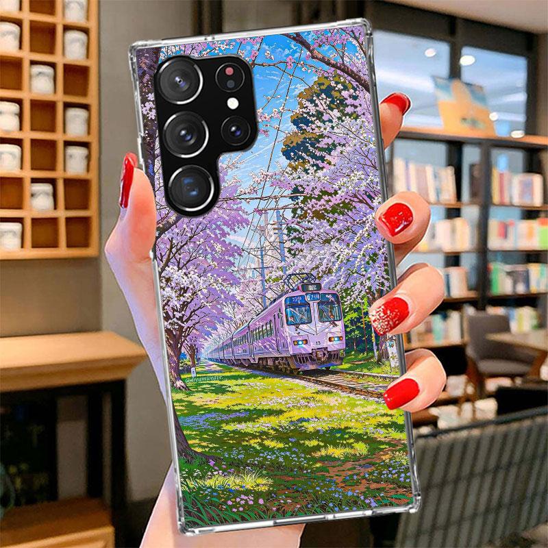 Ретро Японский Сакура Поезд Чехол для Телефона Для Samsung Galaxy S26 S25 Edge S24 Ultra S23 S22 Plus S21 S20 FE Мягкий Чехол-Оболочка Galax