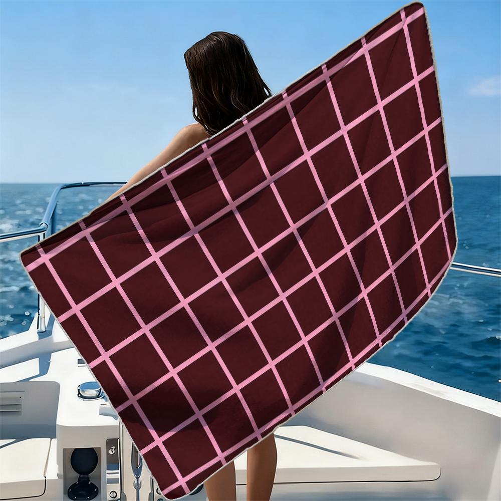 Burgundy Pink Grid Beach Towel Ultra-fine Fiber Quick Drying Absorbent Beach Swimming Vacationvacation Essentials Gifts