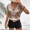 Women Summer Short Sleeve V Neck Lacework Solid Color Pullover T Shirt Blouse Top