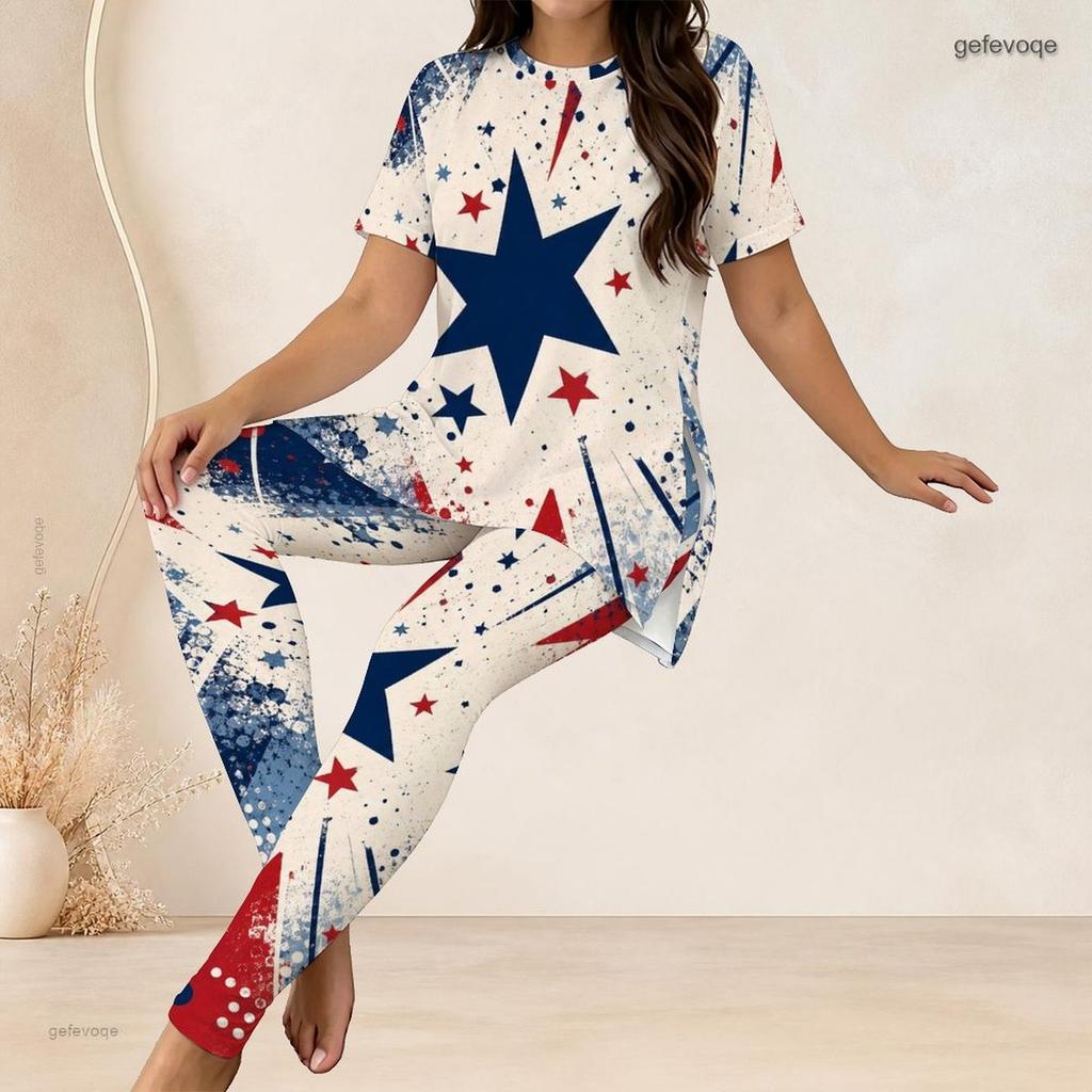 Women Plus Size Round Neck Short Sleeve Red Blue Printed Side Split Top Fitted Pants Two Piece Set