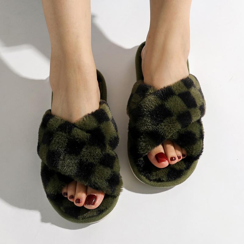 Клетчатые женские тапочки, осенняя мода, клетчатые крестообразные плюшевые тапочки, открытые носки, плоские домашние тапочки, фланелевые теплые домашние хлопковые туфли
