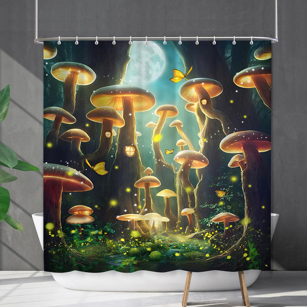 Водонепроницаемая штора для ванной, цифровая печать, растение, гриб, занавеска для душа, без пробивки, перегородка для туалета, ткань для душа