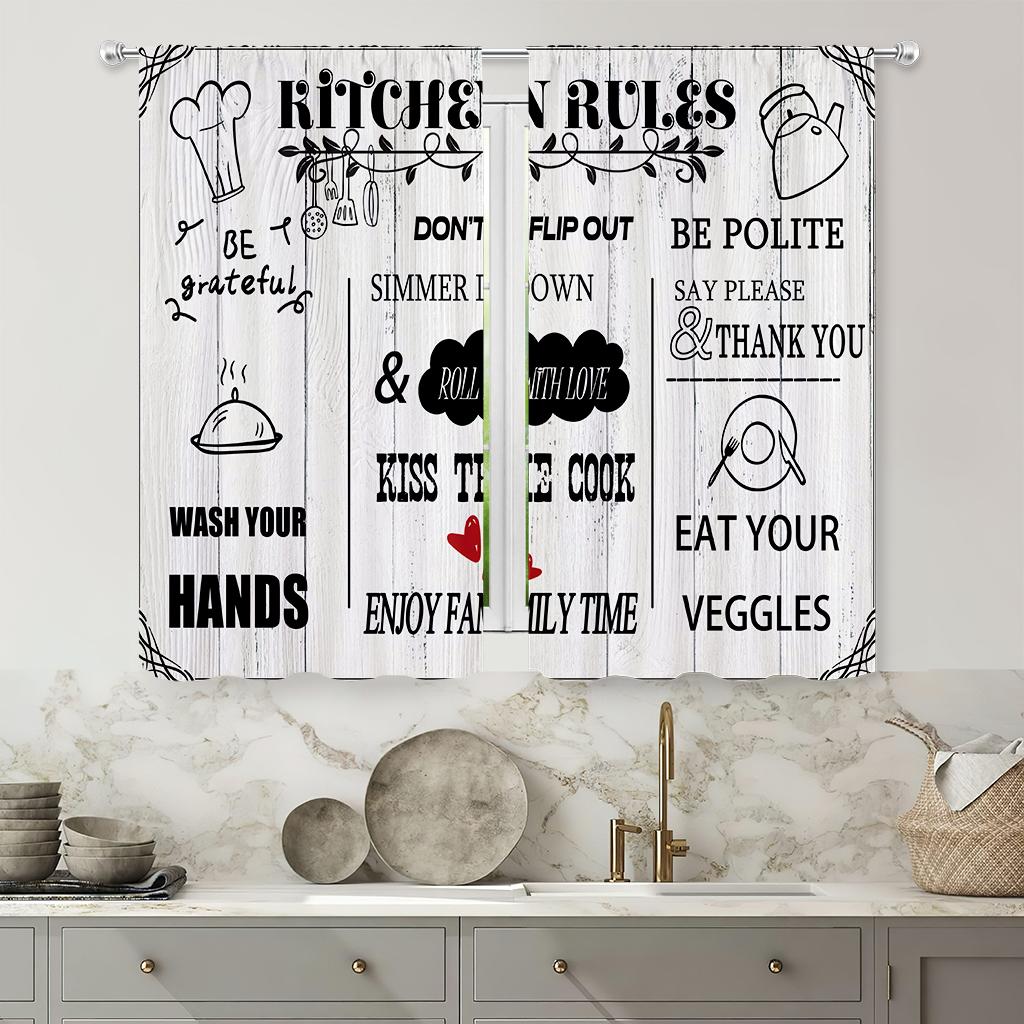Retro Creative Print Curtain Kitchen Dining Room Living Decoration Curtains Set Of 2 Made Polyester With Rod Pocket Decor