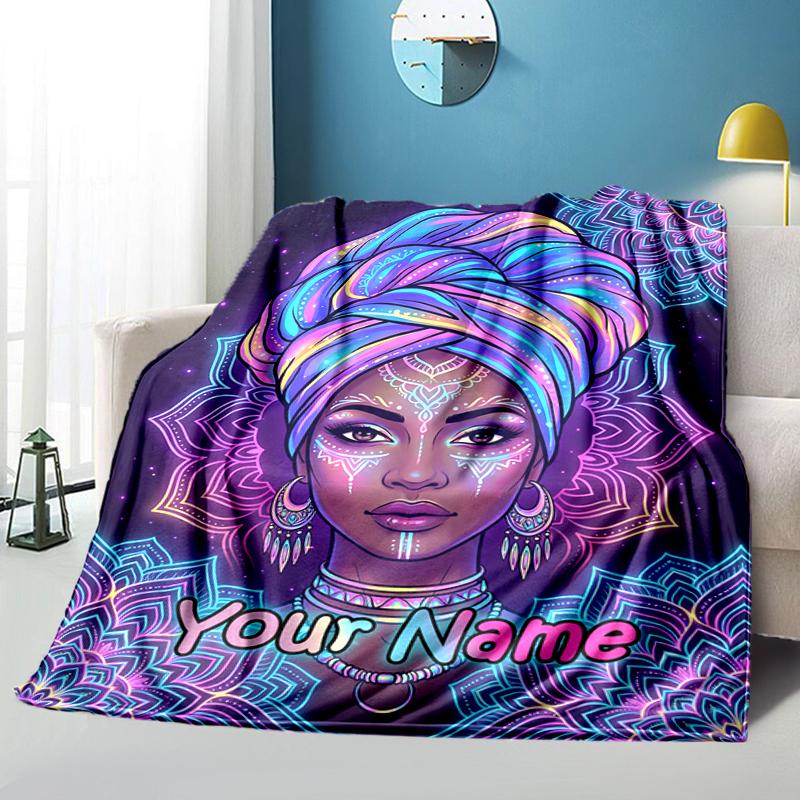 1PC Custom Name Cosmic Mandala Portrait flannel blanket versatile,all-season throw suitable for the living room,bedroom,camping,travel,and gift