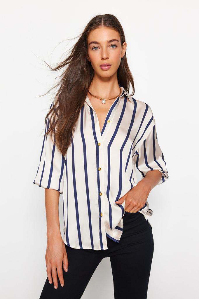 Женская модная новая рубашка в полоску из атласной ткани цвета экрю