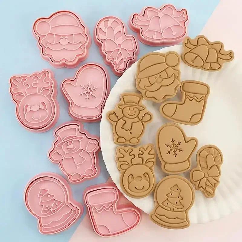 8pcs/set Cartoon Plastic Baking Mold Christmas Cookie Cutter Fudge Chocolate Cake Dessert Baking Decoration Tool Cake Mold