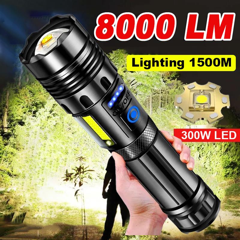 Супер мощный фонарик 300 Вт, встроенный аккумулятор 3600 мАч, перезаряжаемый фонарик высокой мощности, светодиодный фонарик, фонарь для кемпинга