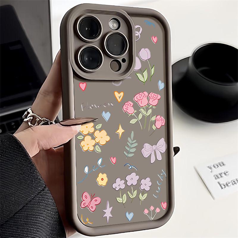Ударопрочный чехол для телефона с мультяшным цветочным узором для iPhone 16 Pro Max 15 Pro 14 13 12 11 XS XR 8 7 силиконовый матовый TPU мягкий противоударный бампер