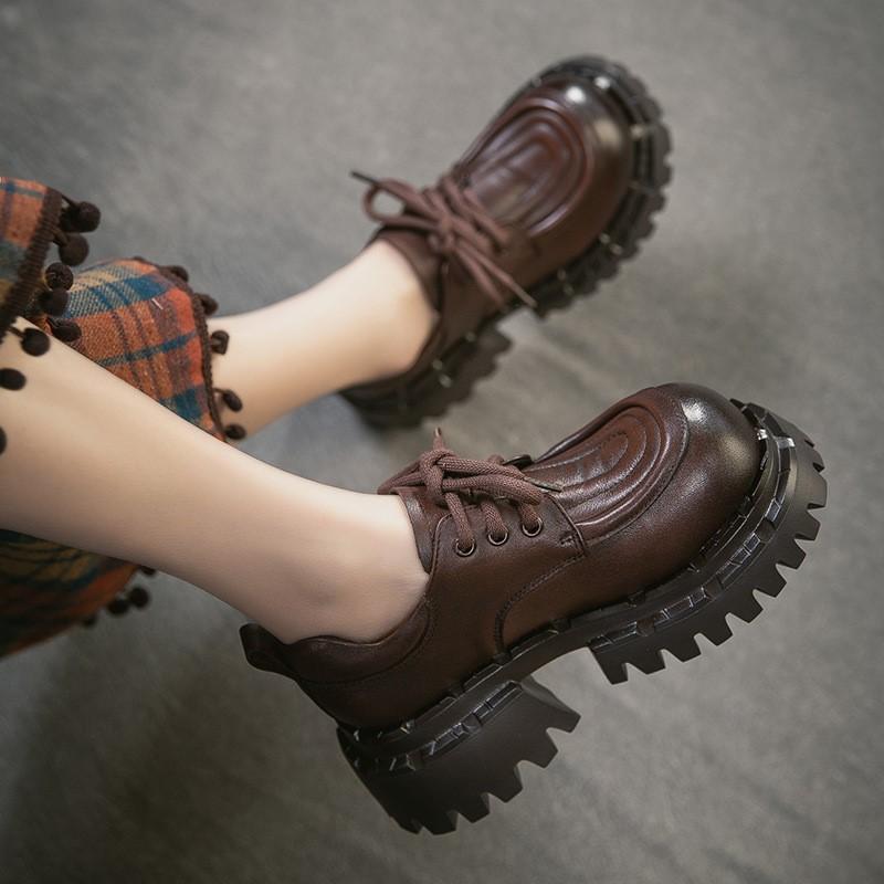 Johnature Женские туфли-лодочки на толстой подошве с круглым носком и шнуровкой в британском стиле, из натуральной кожи, универсальные, на высоком каблуке