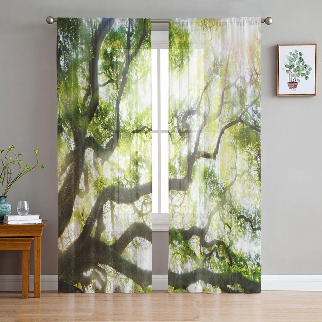 Тюлевые шторы с зелеными ветвями растений и листьями для украшения гостиной, спальни, прозрачная шифоновая прозрачная оконная занавеска из вуали