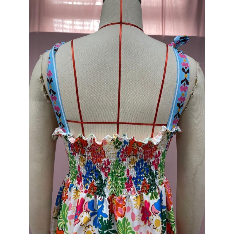 Женские летние свободные платья без рукавов с высокой талией и ботаническим принтом через шею