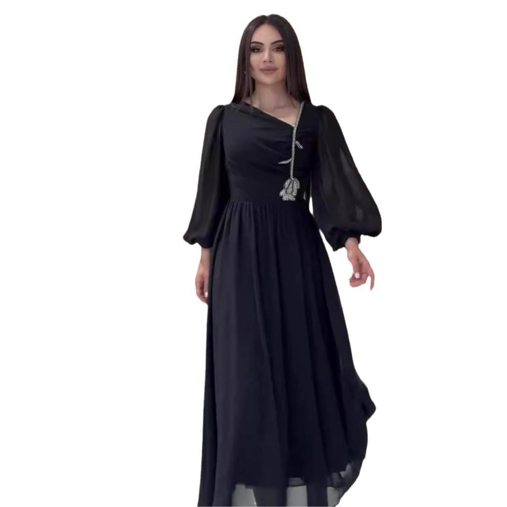 Летнее облегающее сетчатое платье в европейском и американском стиле 2024 года с косым воротником и рукавами-фонариками