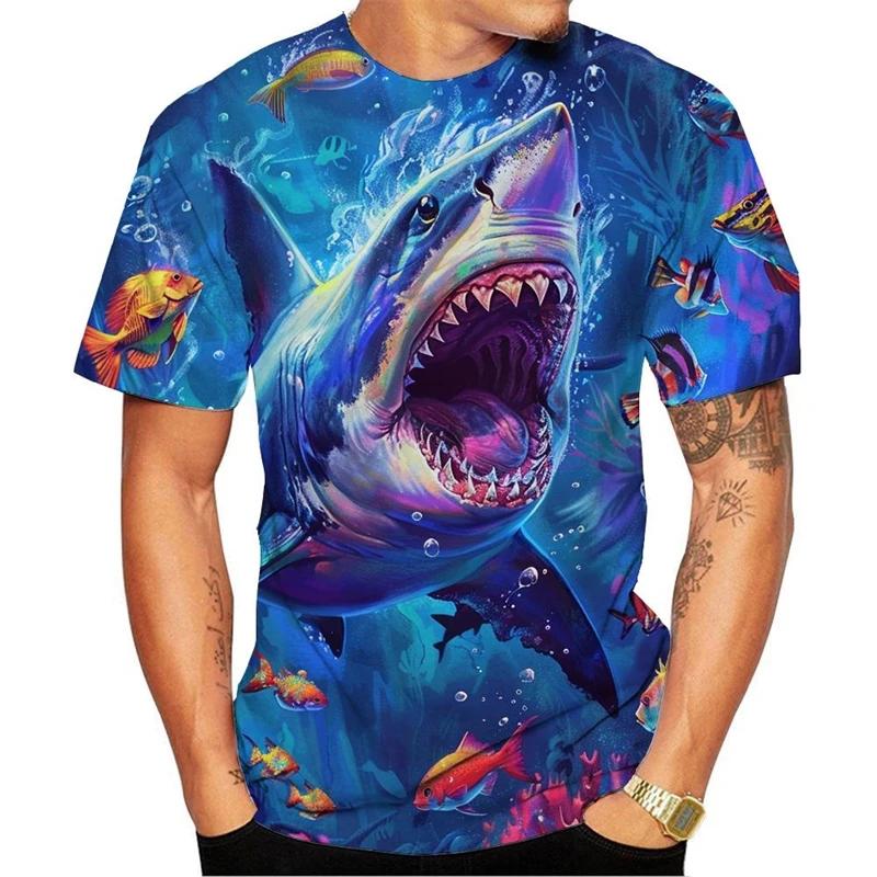 Summer Horror Great White Short Sleeve Fun 3D Colorful Printed Men's T-shirt Plus Size Loose Everyday Casual Comfortable Round-neck T-shirt