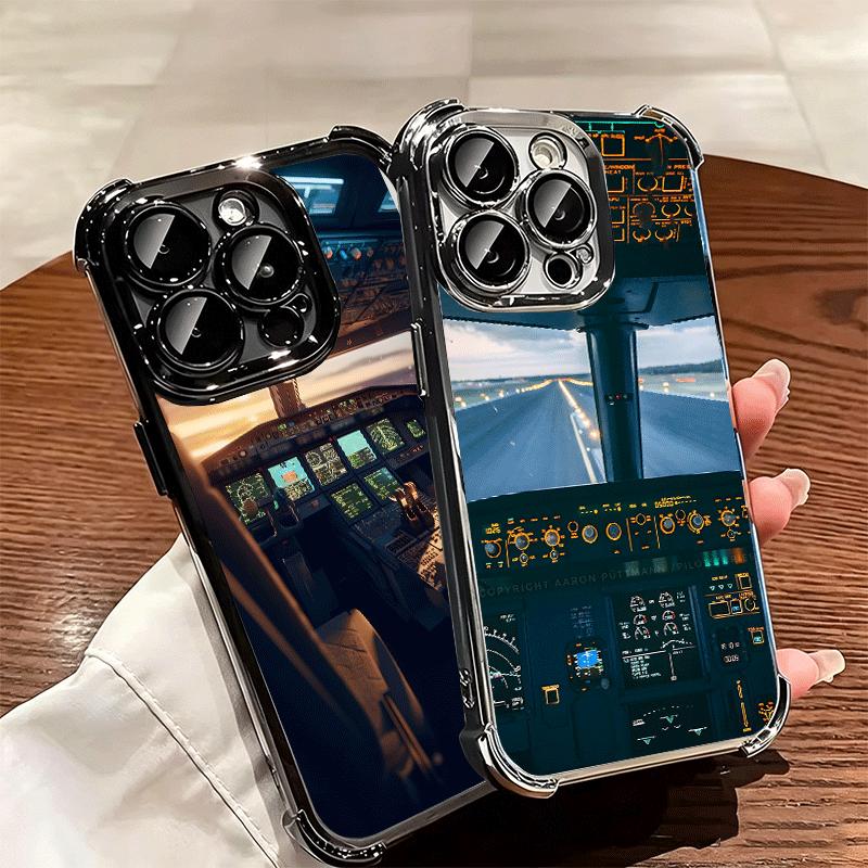 Aviation Aeroplane Pilot Cockpit Plating Phone Case For Iphone 16 17 Pro Max Air 16E 14 15 Plus 12 13 Mini Anti-Fall Airabag Cov