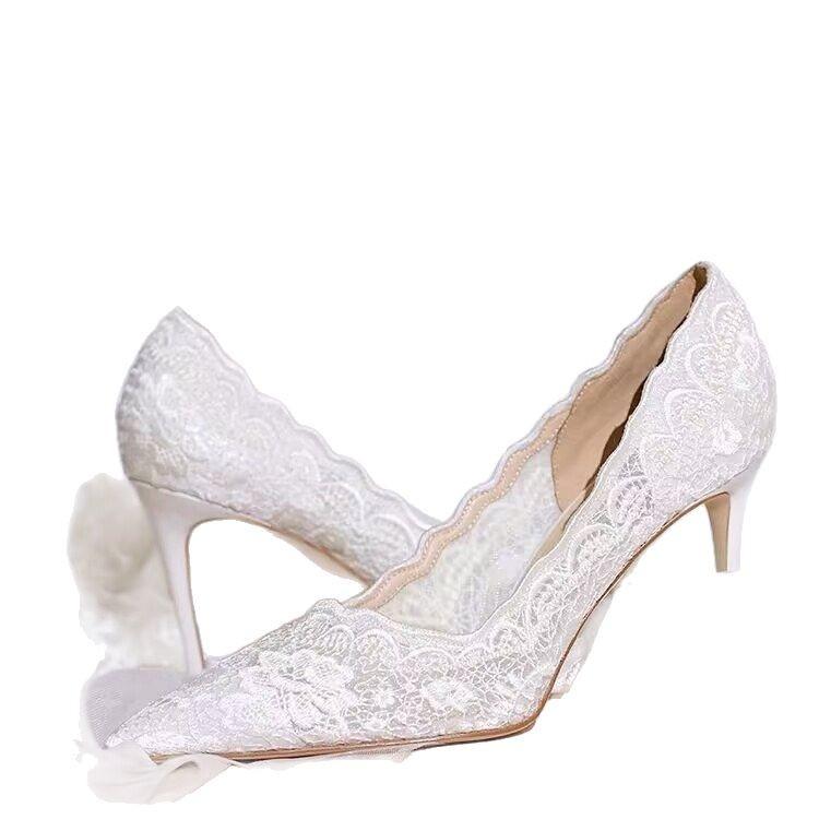 Белые свадебные туфли Свадебные туфли Дизайнерские 2026 Кружевные Заостренный Шпиль Мелкие Французские Высокие Каблуки Женский Характер