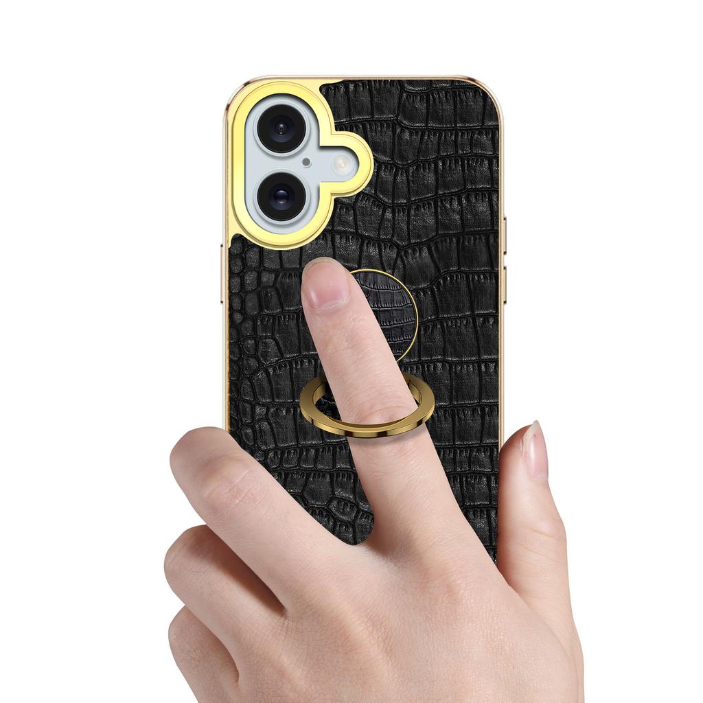 For iPhone 16 Case Crocodile Texture Leather+TPU Electroplating Phone Cover with Ring Kickstand - Black