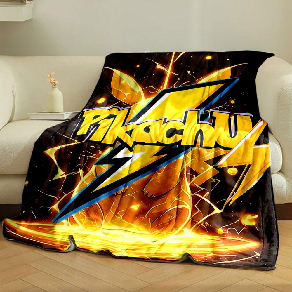 Yellow lightning bolts and glowing effects surrounding Pikachu text art. for all seasons blanket lunch break throw gift