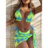 Colorful Print 3PCS High Cut Tied Skirt Bikini Set Women Swimsuit Lace Up Thong Swimwear Cross Push Bathing Suit