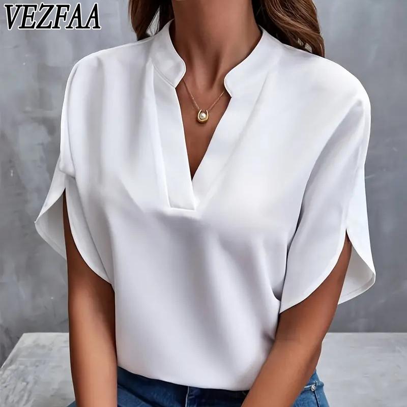 VEZFAA Women's Fashion Casual Summer Spring Solid Color Print Short Sleeve V-Neck Blouses & Shirts