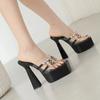 Fashion Sexy Transparent Pvc Broad Band Platform Slippers for Women Sandal 2024 Slides Square Head Rhinestone 15cm High Heels Rome Shoes