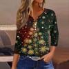 Women's Fashionable Casual Christmas Printed V-neck Three-quarter Sleeve Decorated Button Top