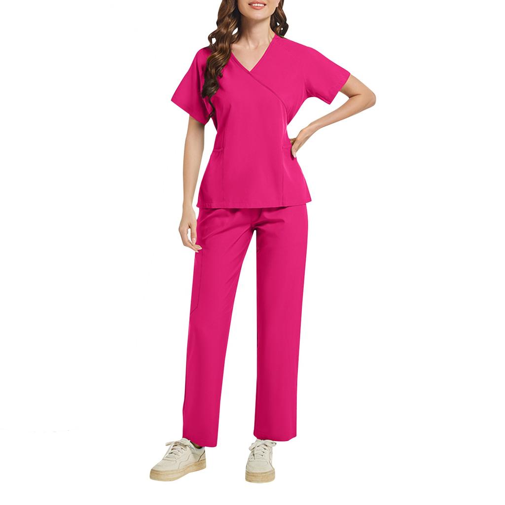 Ladies' Two-piece Set Short Sleeved Solid Color Pocket Top Pants Work Clothes Two-Piece Set
