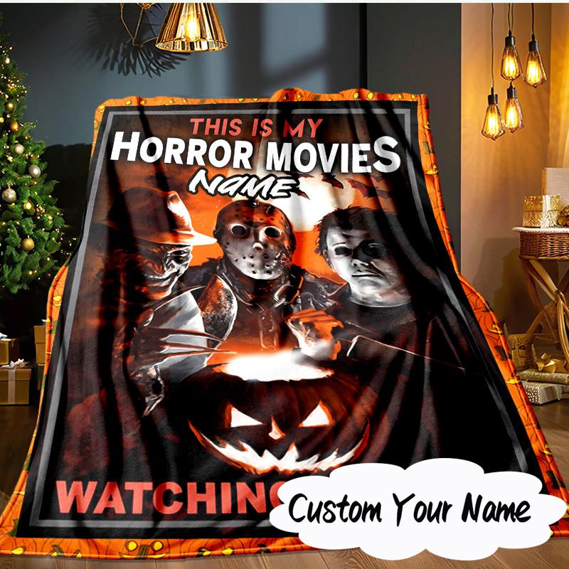 Custom Name Horror Movie Night Blanket Ideal Bedding Blanket Perfect for Travel, Camping, Living Rooms, Offices, Sofas, Fan Christmas gift