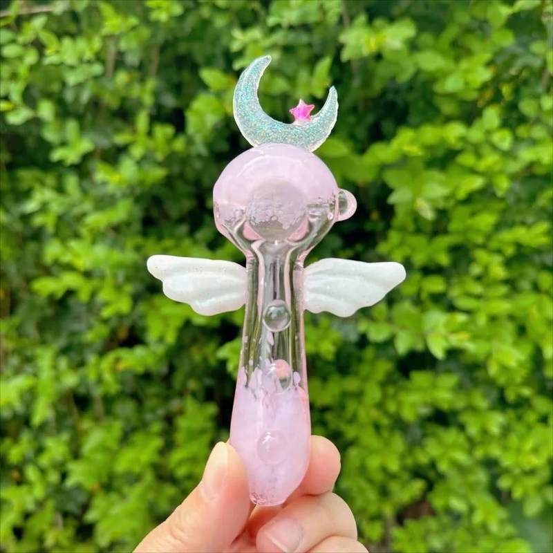 4" Moon and Wings Design Magic Handmade Borosilicate Glass Pipe
