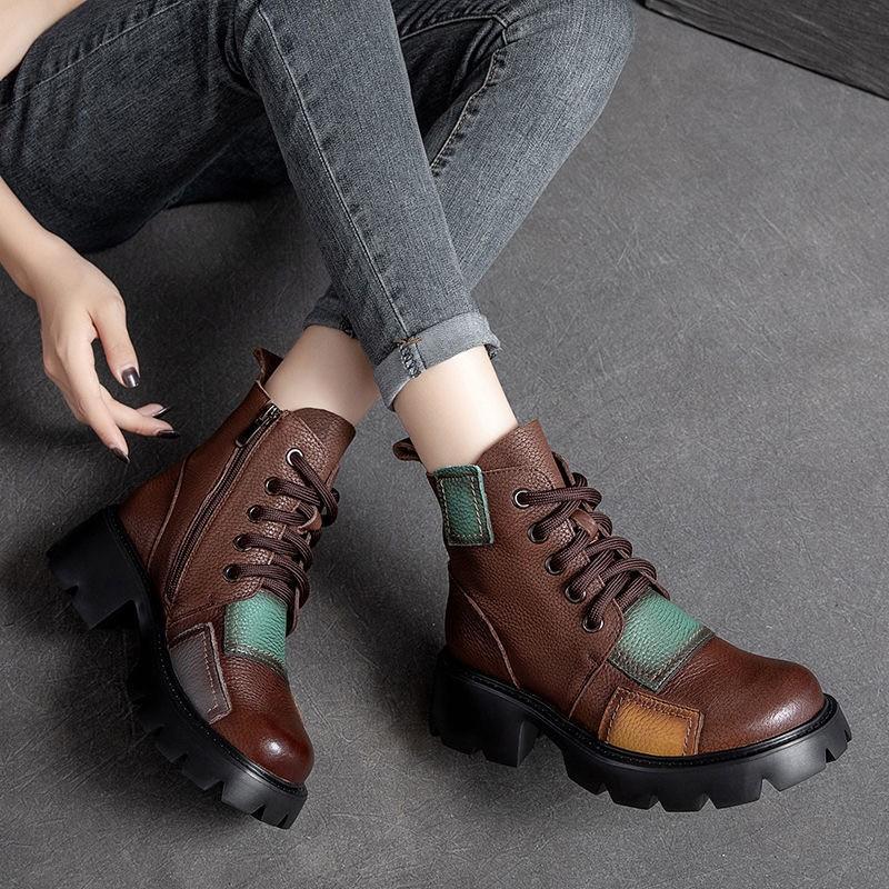 Women's Autumn and Winter Ethnic Style Short-tube Thick-heeled Single Boots Retro Patch Waterproof Platform Boots