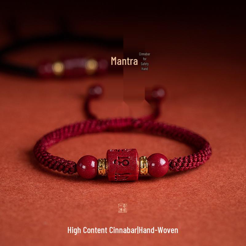 Six-Syllable Mantra Red String Bracelet: Women's Benming Year Handmade Woven Bracelet with Cinnabar and Raw Stone Beads, Guaranteed Authentic.