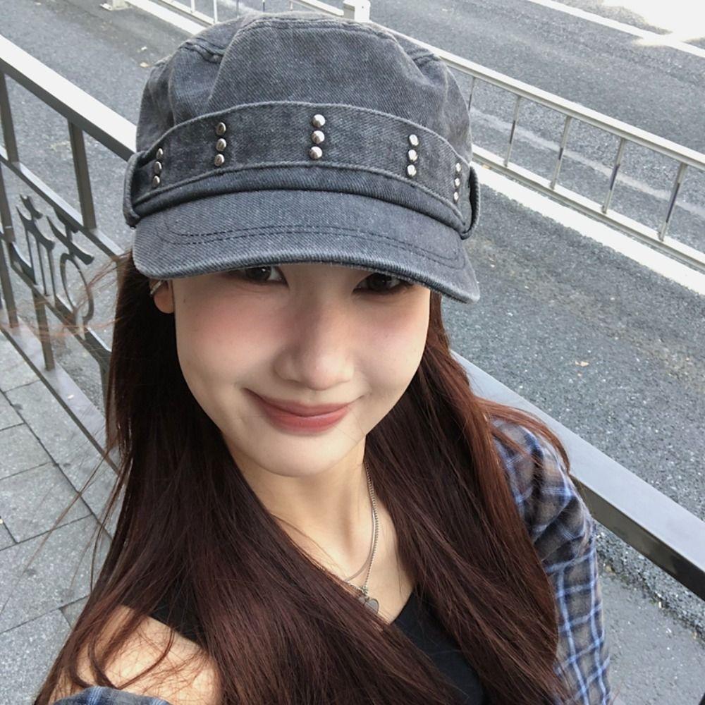 Y2k Flat Top Hat Rivet Cadet Cap Casual Peaked Cap Unisex