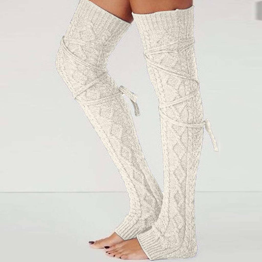 Женские шерстяные грелки для ног, осень/зима, однотонные чулки выше колена с завязками, средние носки, ворсовые носки