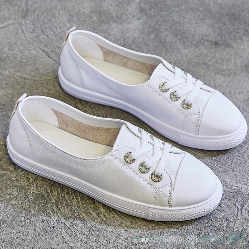 Fashion Leather Low-Cut White Shoes for Women 2025 Spring New Student Versatile Slip-on Lazy Flat Large Size Women's Shoessg54