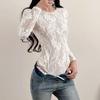Вязаный сетчатый кружевной боди - Стройный топ с длинным рукавом и круглым вырезом