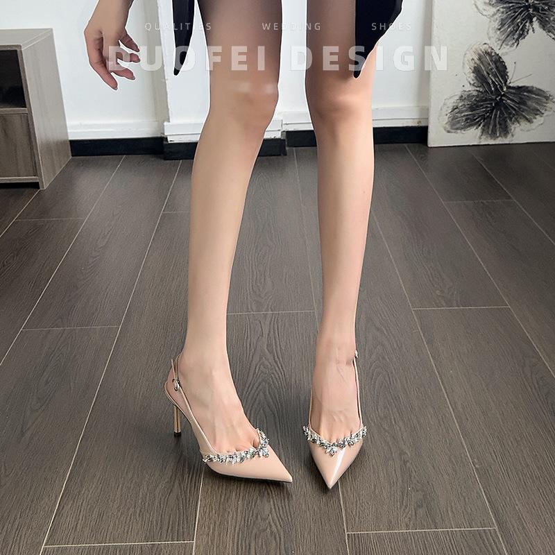 Sheepskin Nude Bag Head Sandals Women's Rhinestone Leather Temperament Beautiful Thin High Heels Not Tired Feet Versatile Empty Shoes