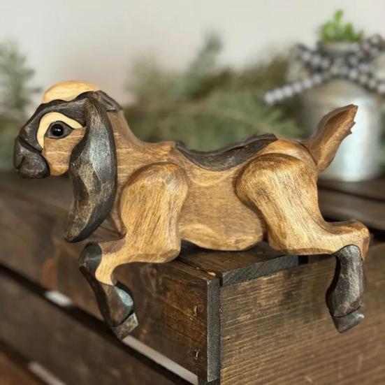 Деревянная фигурка животного, деревенская ручной работы, олень, сидящий на полке, резное животное, украшение с лаковым покрытием для дома, книжной полки, каминной полки, декора гостиной